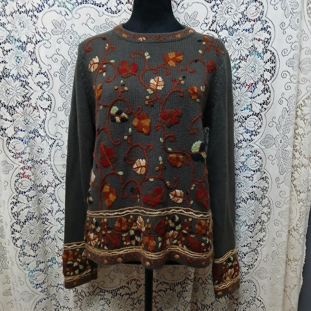 CANDOR Embroidered Knit Sweater Fall Autumn Foliage Size Small